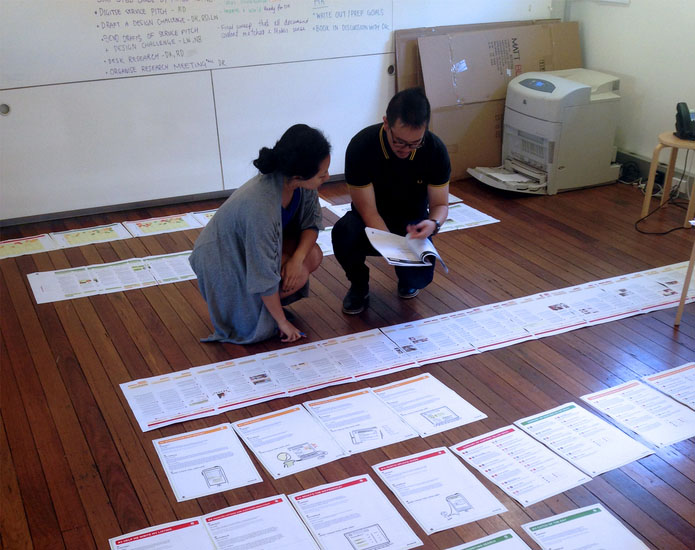 Gumtree and Proto going through large customer journey maps on the floor