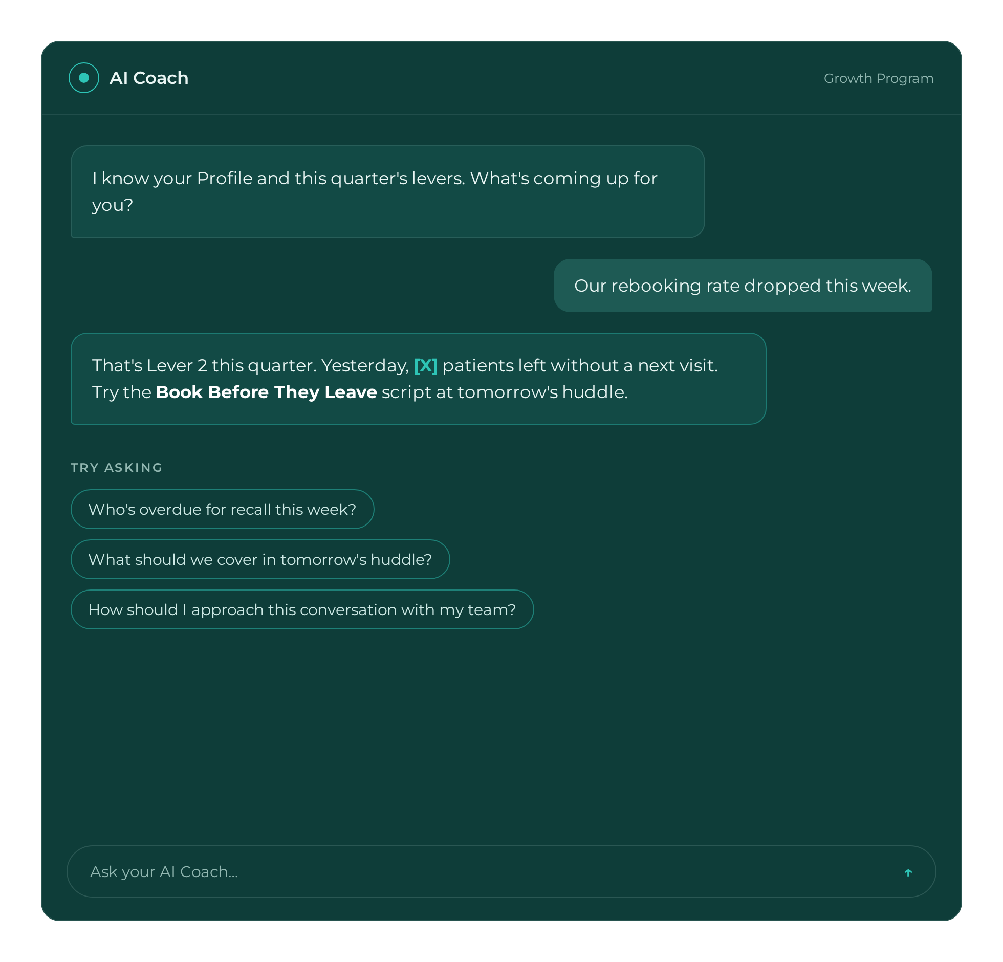 Illustrative AI Coach conversation about rebooking and suggested questions