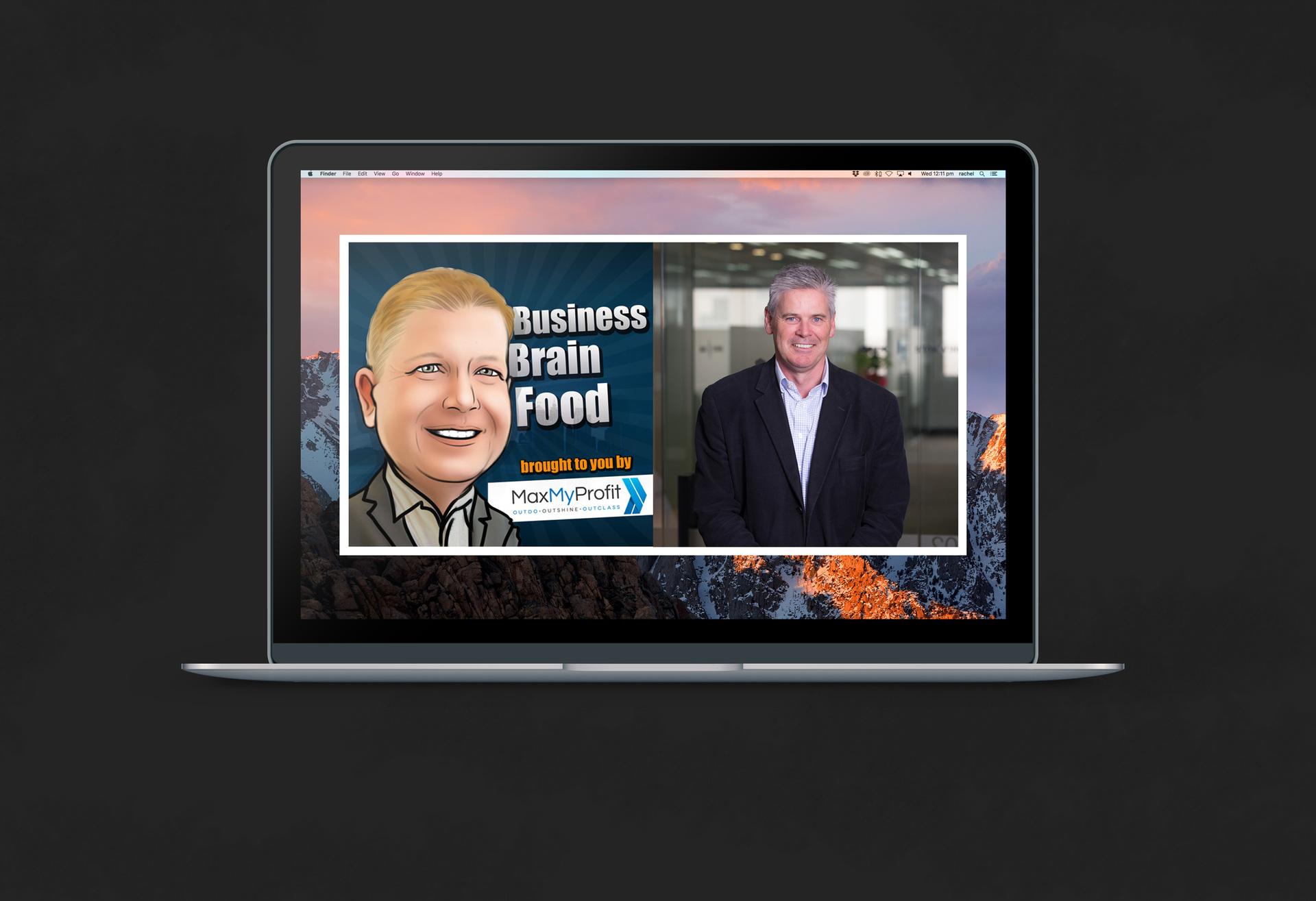 Business Brain Food's logo and Damian Kernahan's image side-by-side on a laptop screen, showing them together on Ben Fewtrell's Brainfood Podcast