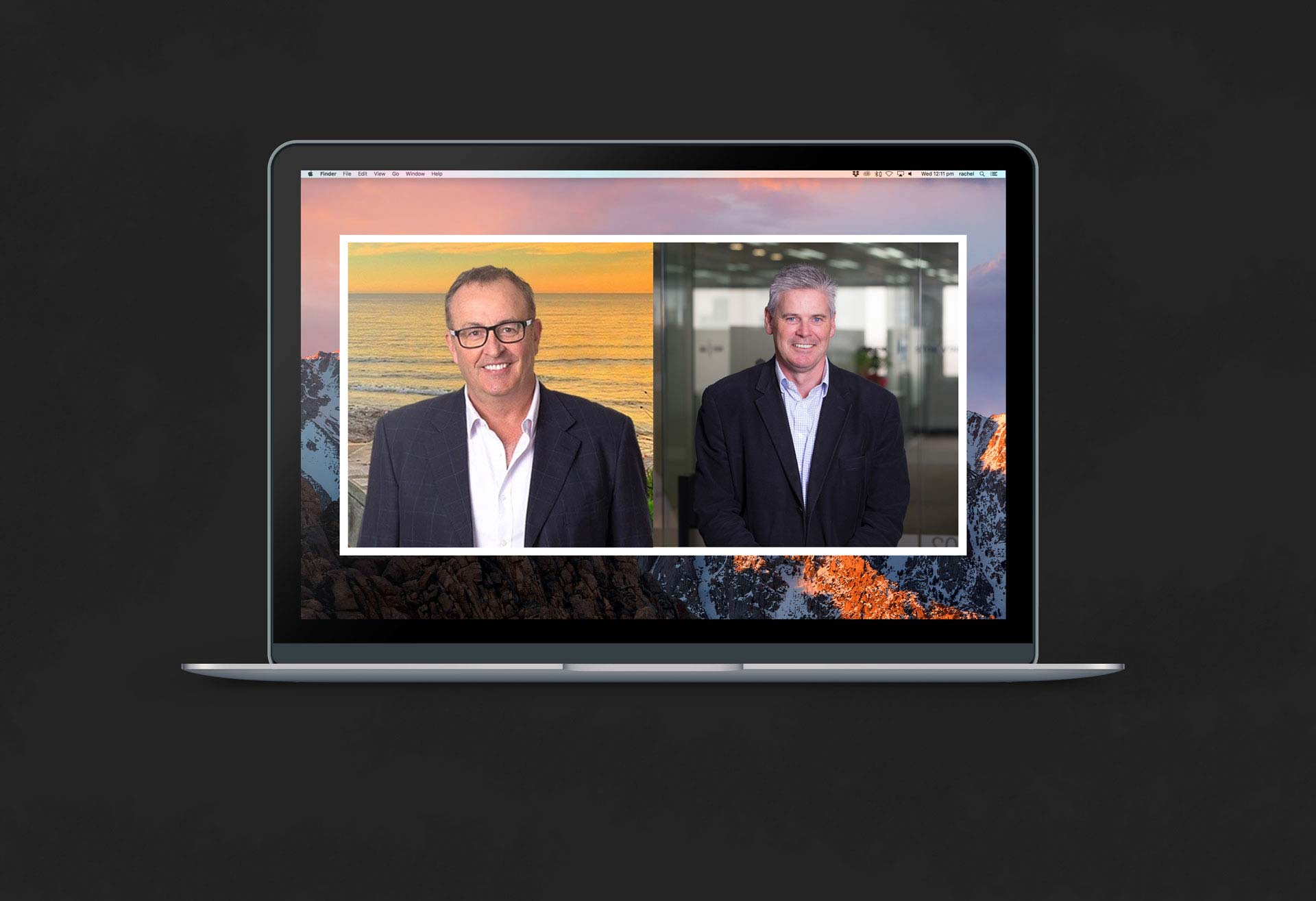 Chris Smith and Damian Kernahan's images side-by-side on a laptop screen, showing them together in Chris Smith Show Interview on 2GB.