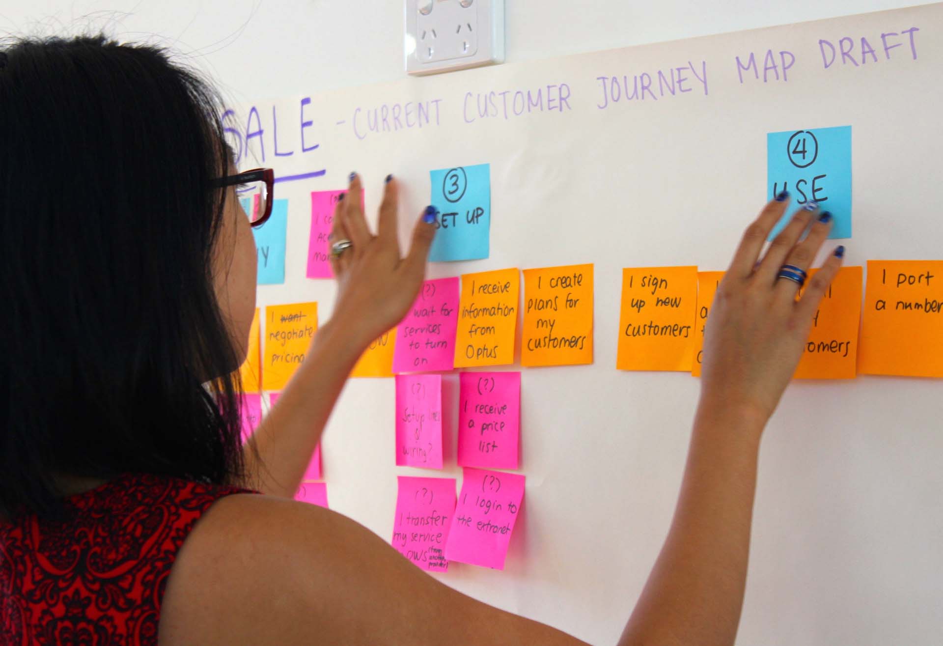 Proto experience designer putting notes on a Customer Journey Map draft