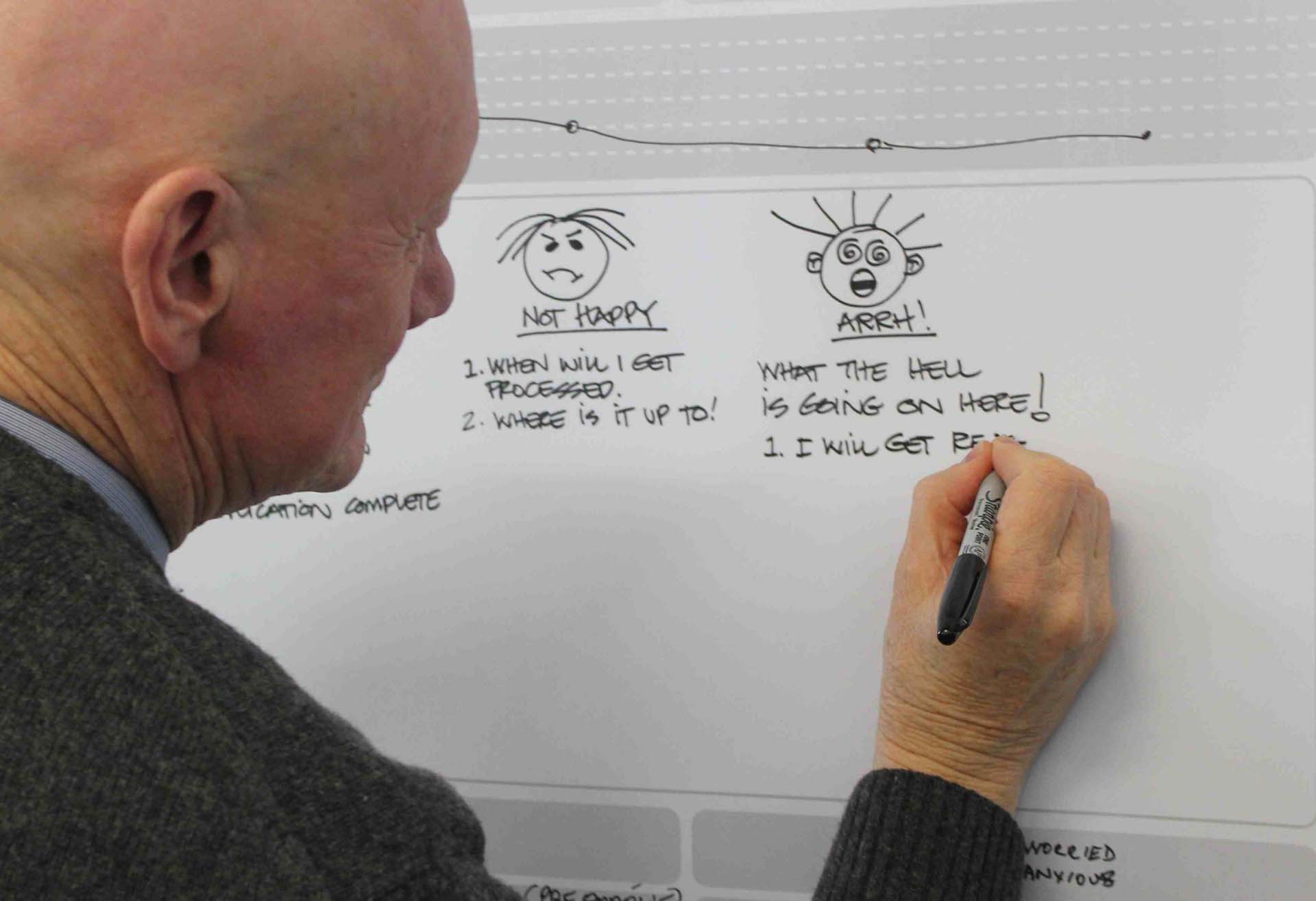 Man writing out customer service feedback 