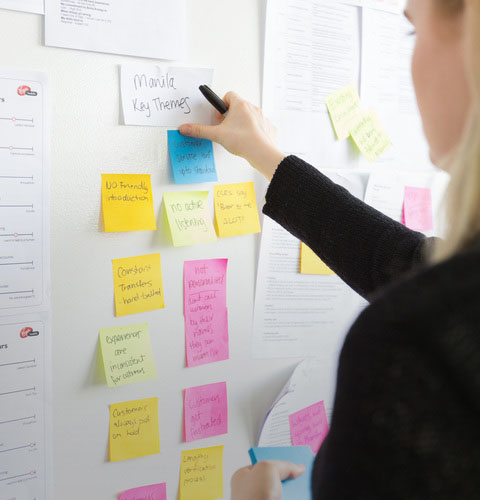 Proto employee identifying key themes on a white board