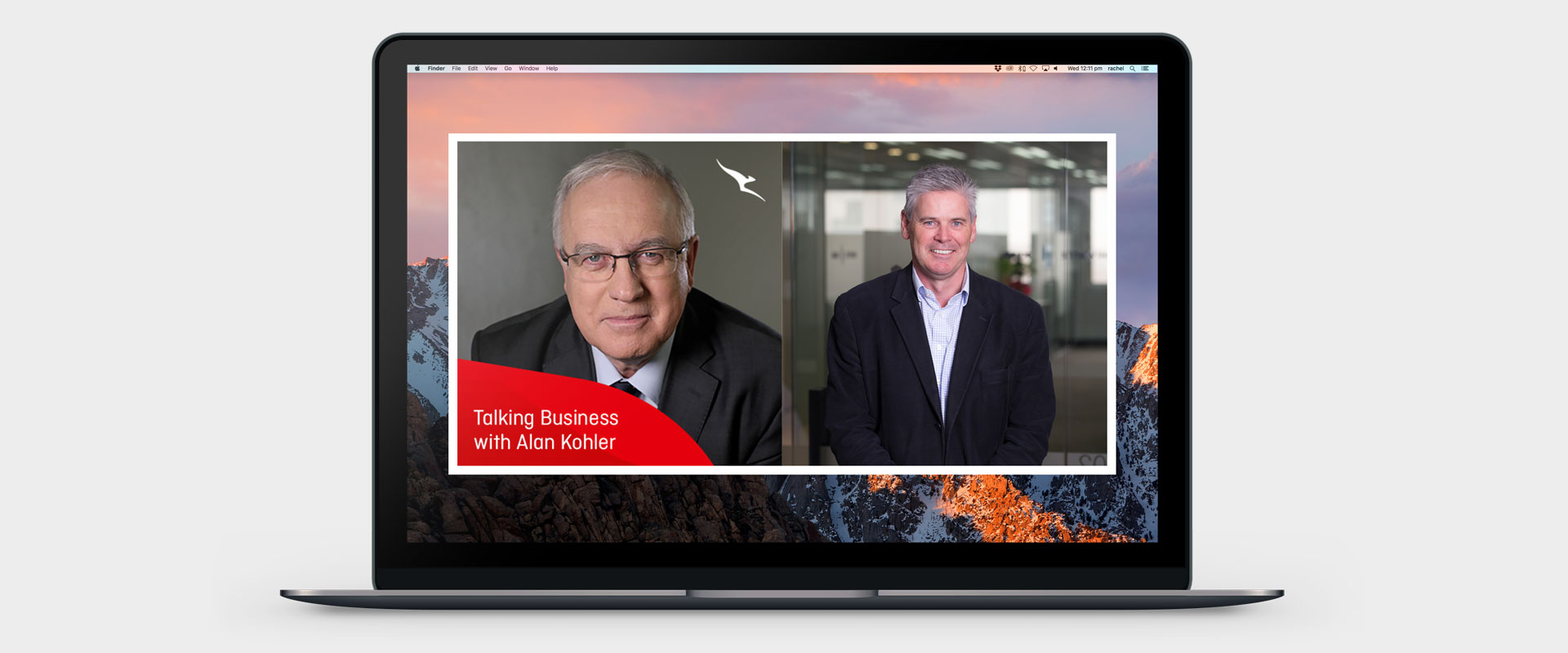 Alan Kohler and Damian Kernahan's images side-by-side on a laptop screen, showing them together in Alan's podcast; 'Talking Business'.