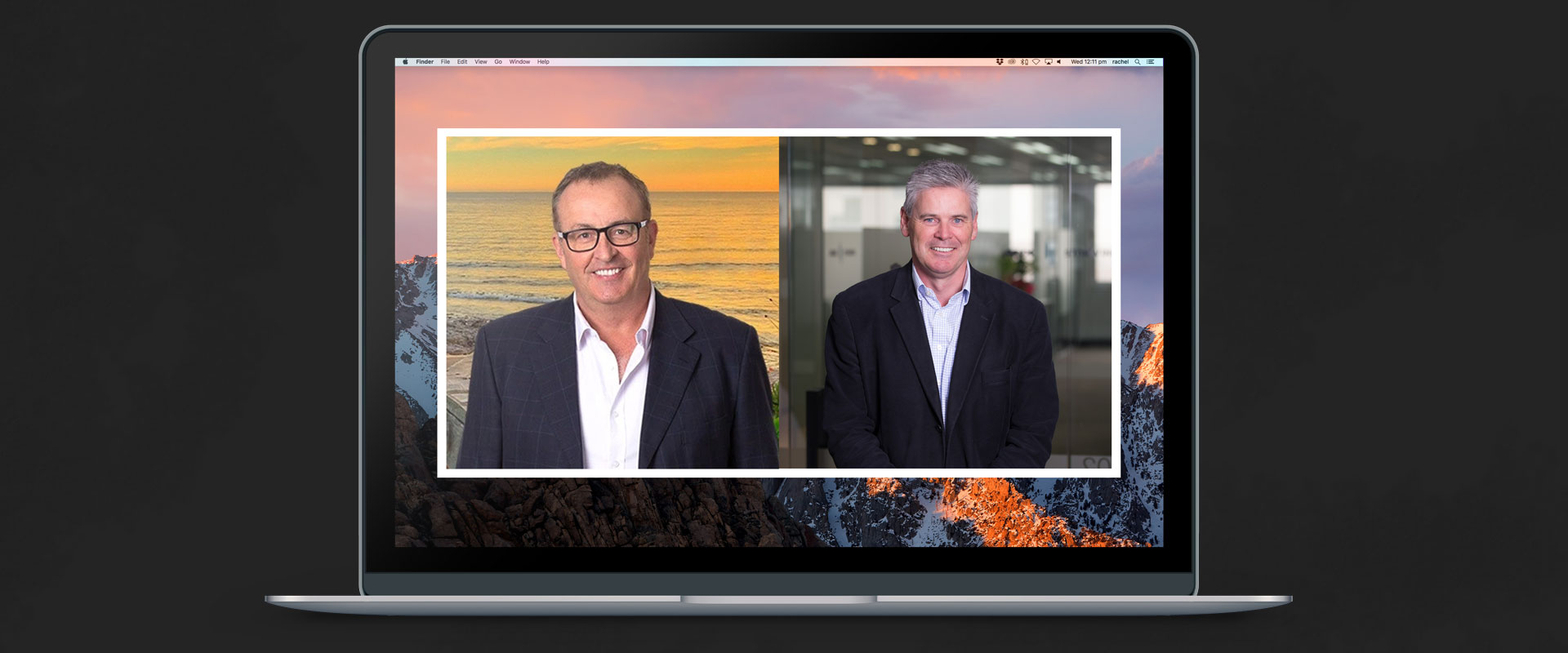 Chris Smith and Damian Kernahan's images side-by-side on a laptop screen, showing them together in Chris Smith Show Interview on 2GB.