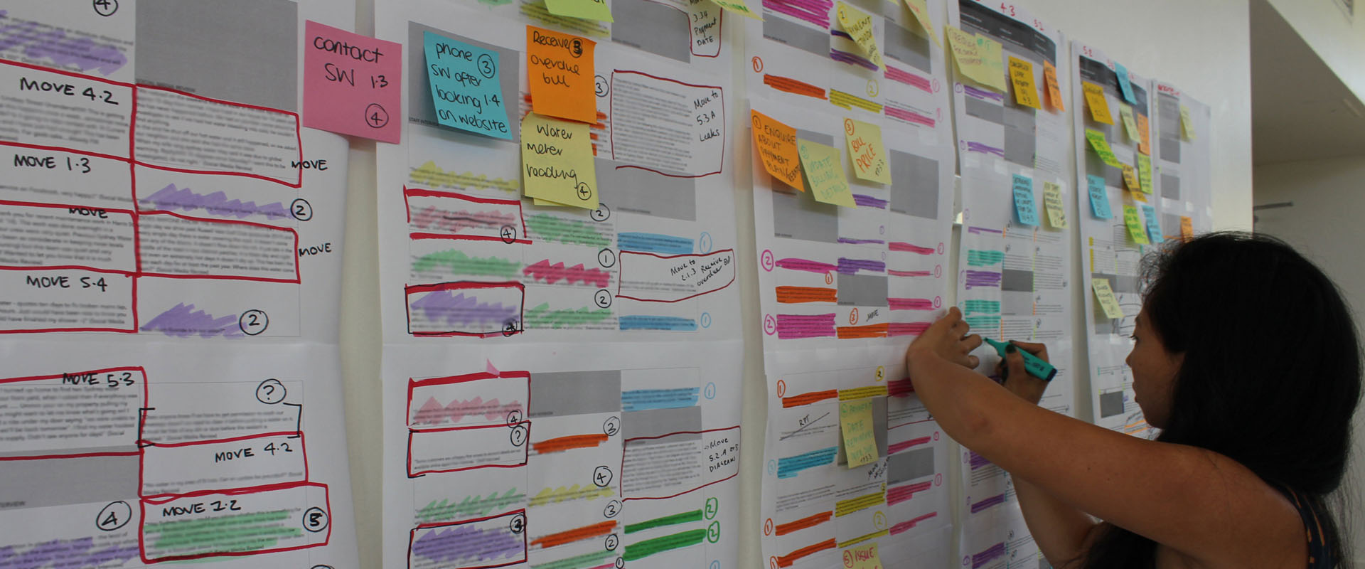 Proto experience designer making notes on a CX Strategy wall