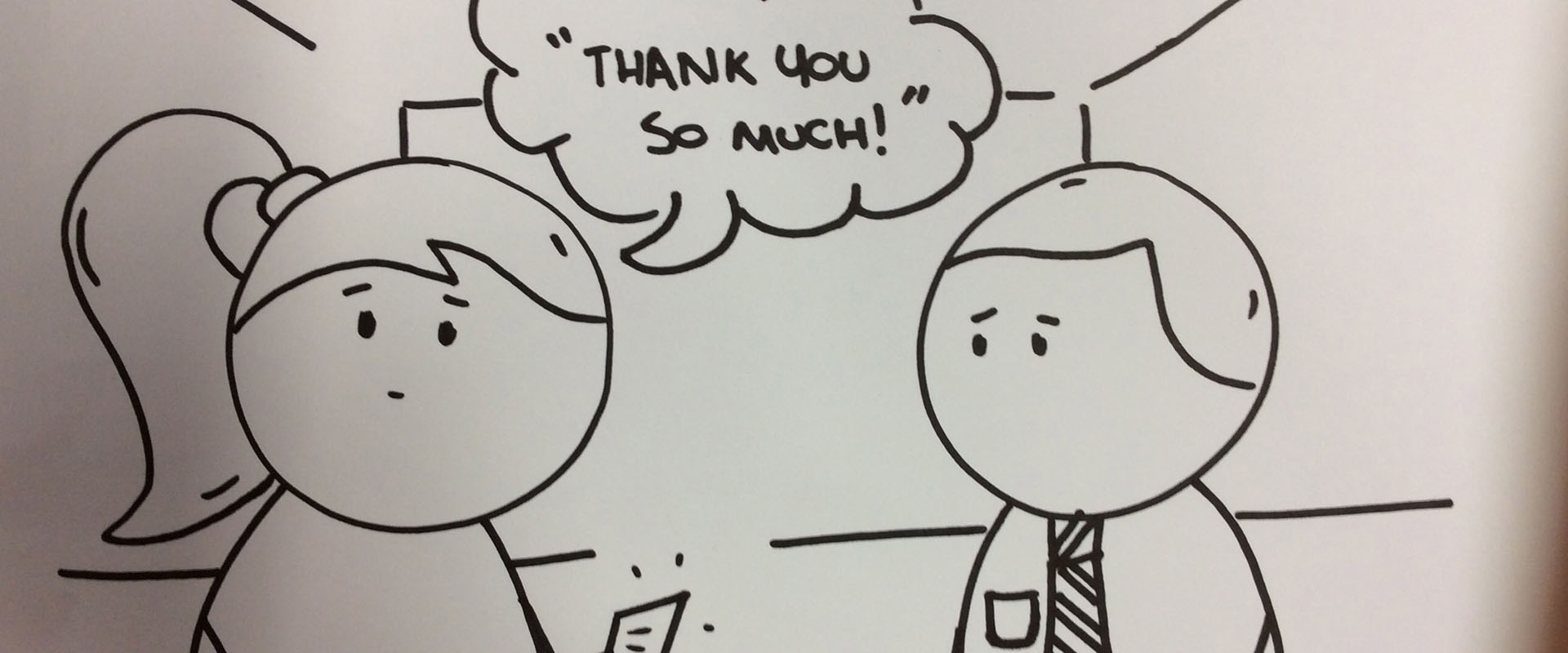 Cartoon graphic of a customer service interaction