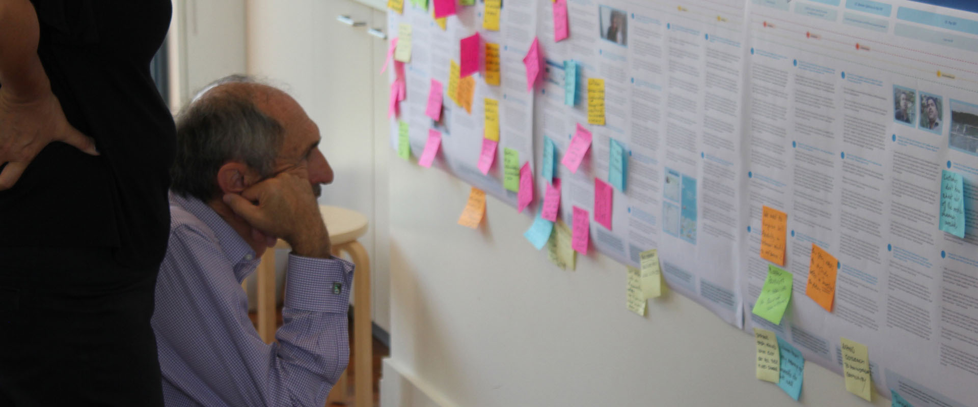 Man crouched reading Customer journey Map