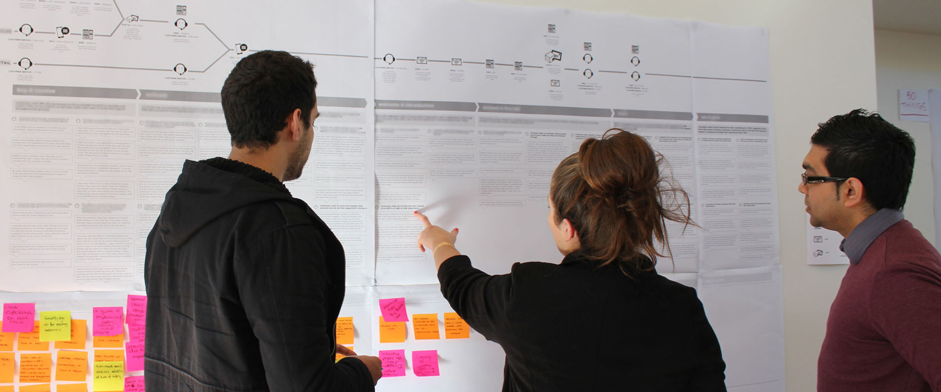 Three Proto employees looking at a Customer Brand Experience wall