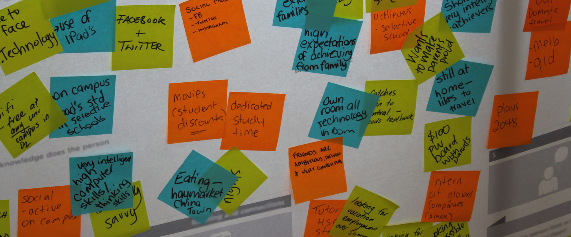 Colourful notes about customer experiences on a wall