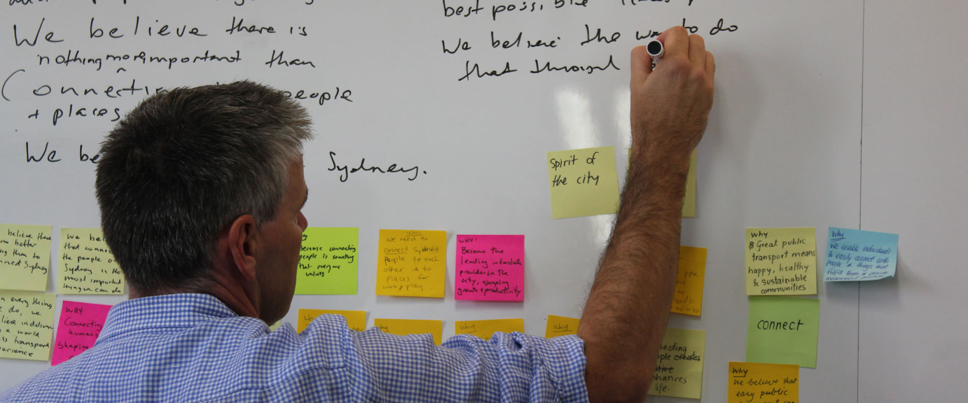 Proto CEO Damian Kernahan writing notes on a customer experice journey design wall