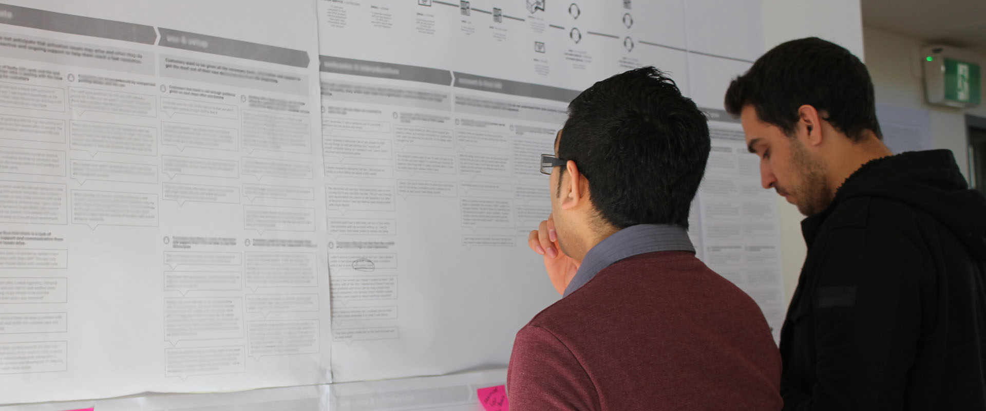 Two proto experience designers discussing a customer journey map